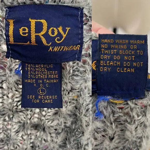Vintage Le Roy Pom Pom Knit Cardigan Gray Wool Open Front Preppy Twee Size L - Picture 9 of 10